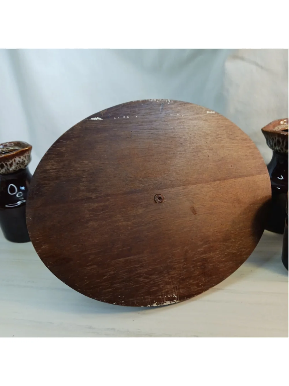 VTG Brown Drip Glaze Salt Pepper Lazy Susan Oil Vinegar Cruet Set No Lids